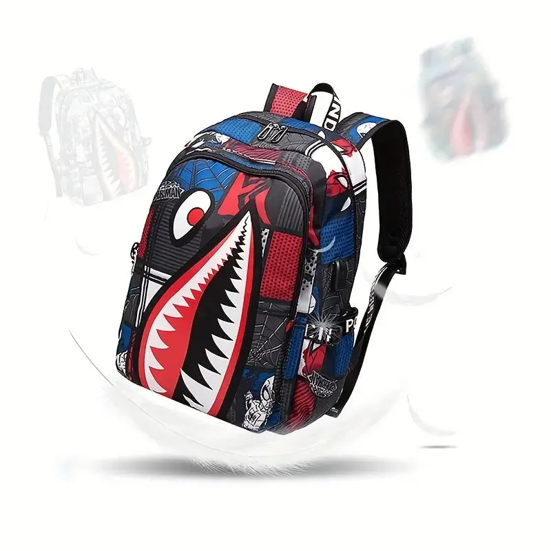 Shark Patterned Nylon Student Backpack