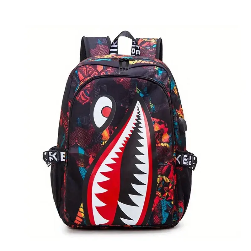 Shark Patterned Nylon Student Backpack