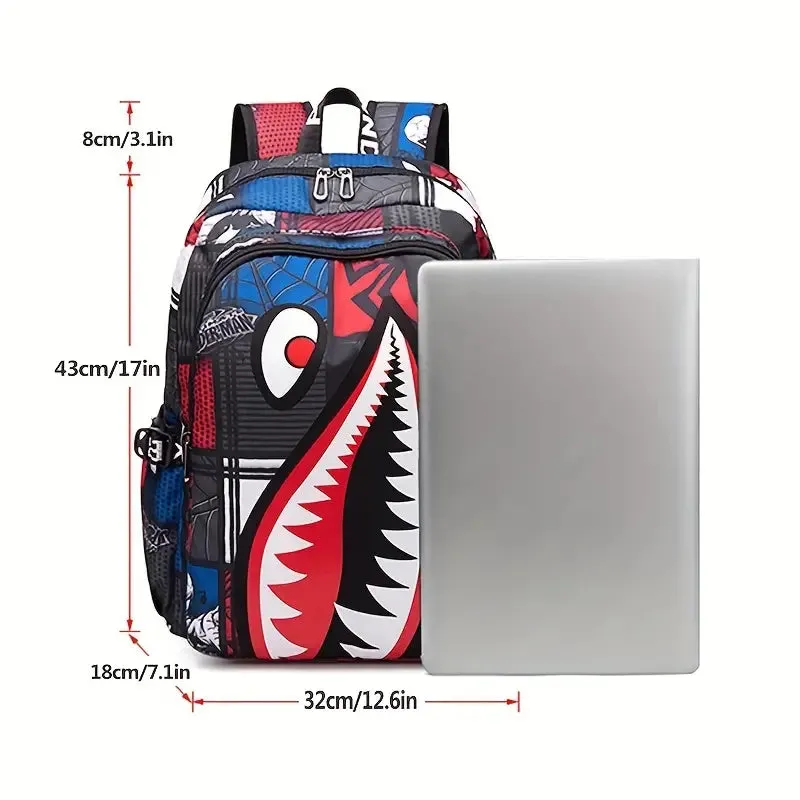 Shark Patterned Nylon Student Backpack