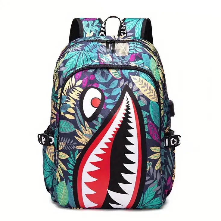 Shark Patterned Nylon Student Backpack