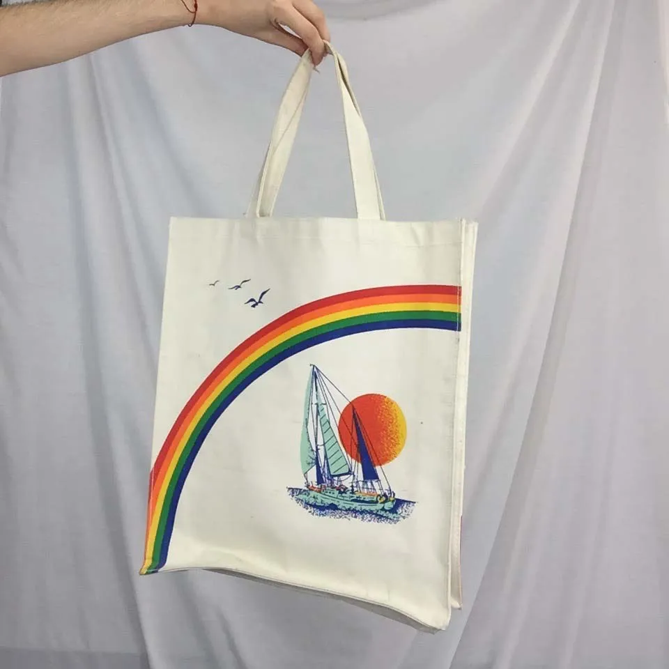 Vintage 70s | Rainbow Sailboat Boho Hippie Canvas Novelty Beach Tote Bag Handbag