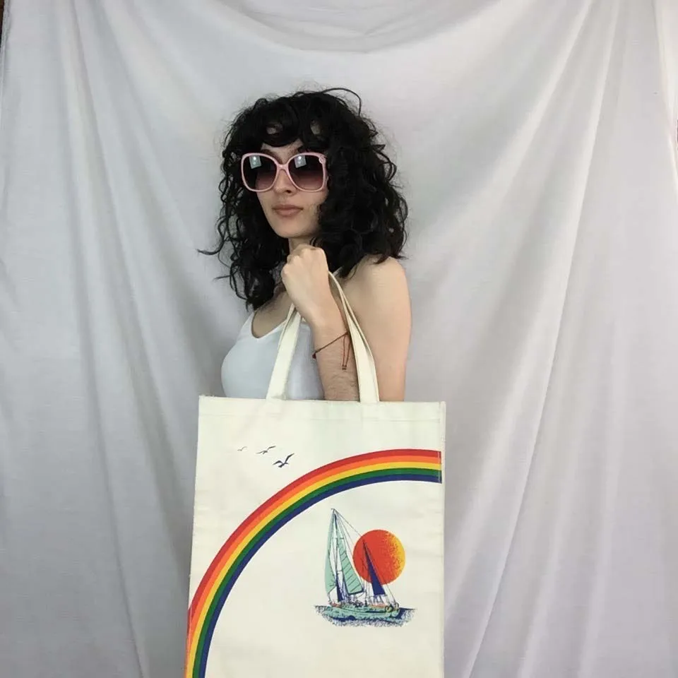 Vintage 70s | Rainbow Sailboat Boho Hippie Canvas Novelty Beach Tote Bag Handbag